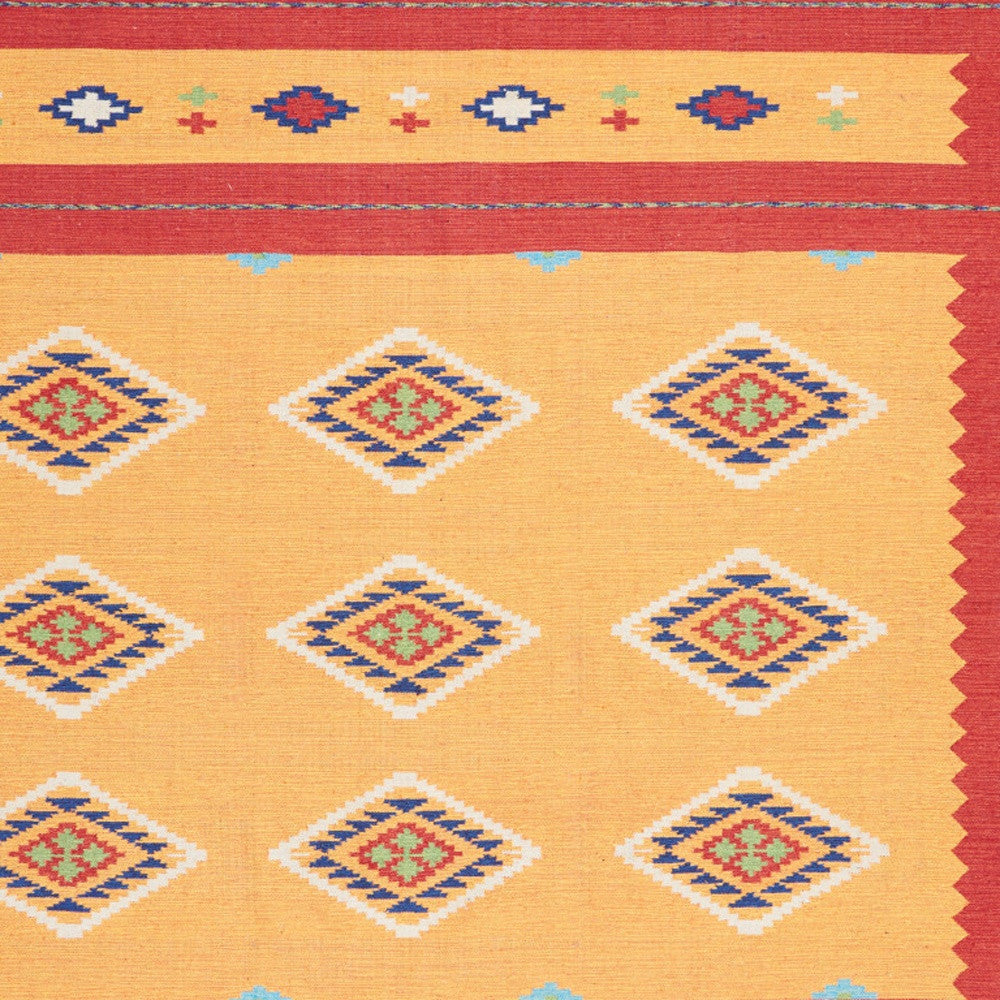 8' X 10' Yellow and Red Southwestern Handmade Area Rug With Fringe