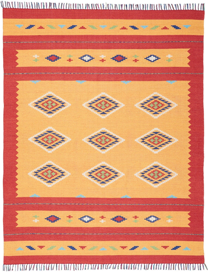 8' X 10' Yellow and Red Southwestern Handmade Area Rug With Fringe