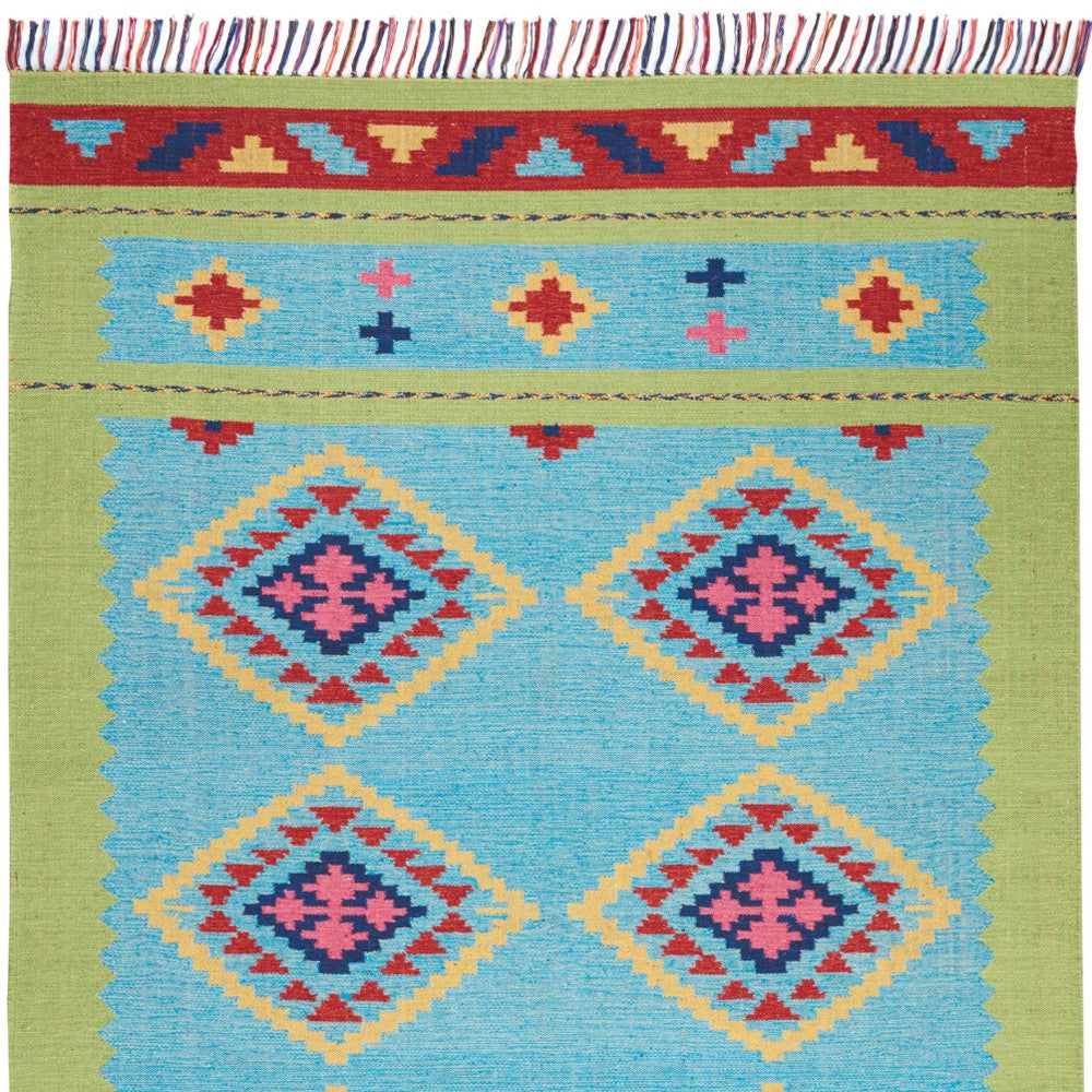 7' X 10' Blue and Green Southwestern Handmade Area Rug With Fringe