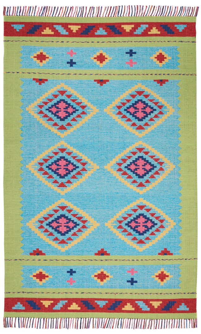 7' X 10' Blue and Green Southwestern Handmade Area Rug With Fringe