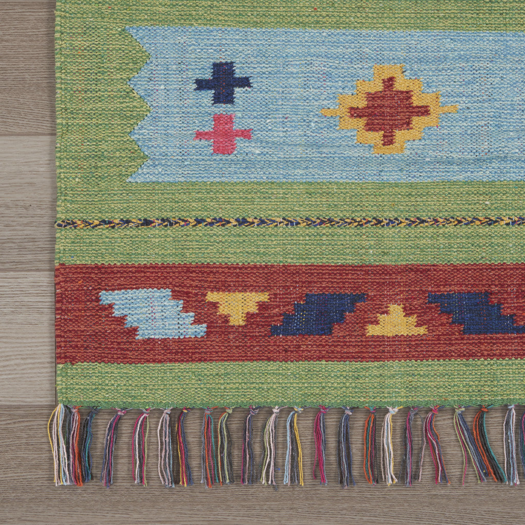 7' X 10' Blue and Green Southwestern Handmade Area Rug With Fringe