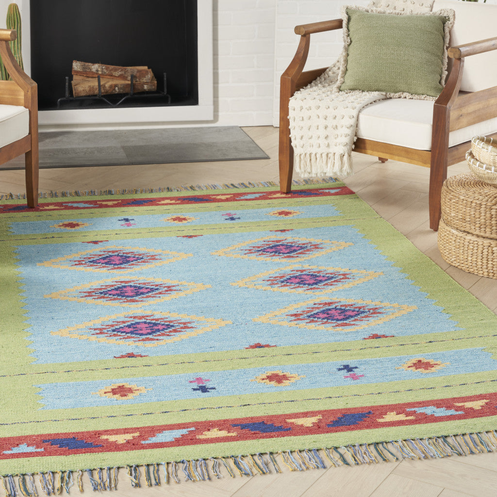 7' X 10' Blue and Green Southwestern Handmade Area Rug With Fringe