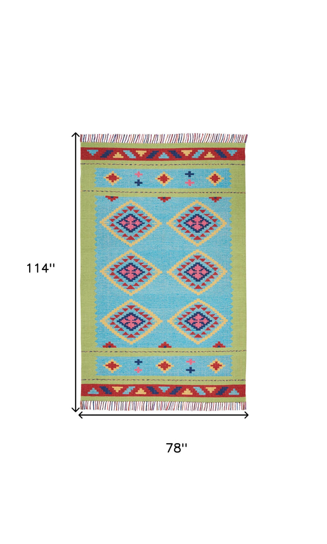 7' X 10' Blue and Green Southwestern Handmade Area Rug With Fringe