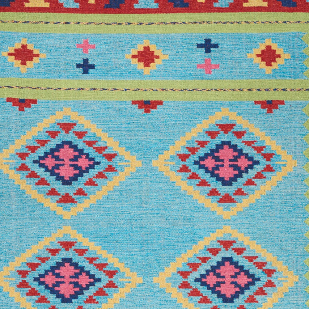 7' X 10' Blue and Green Southwestern Handmade Area Rug With Fringe