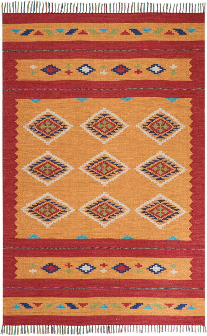 7' X 10' Orange and Red Southwestern Handmade Area Rug With Fringe