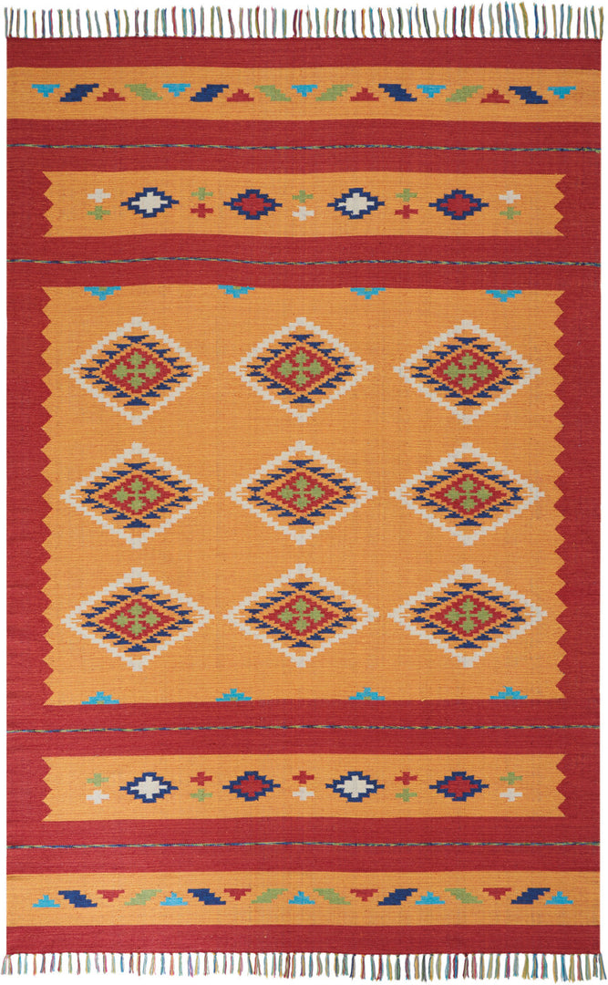 7' X 10' Orange and Red Southwestern Handmade Area Rug With Fringe