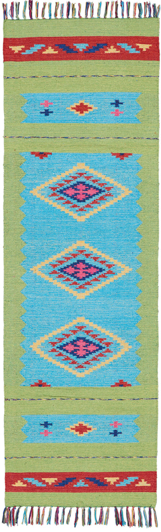 8' Runner Blue and Green Southwestern Handmade Runner Rug With Fringe