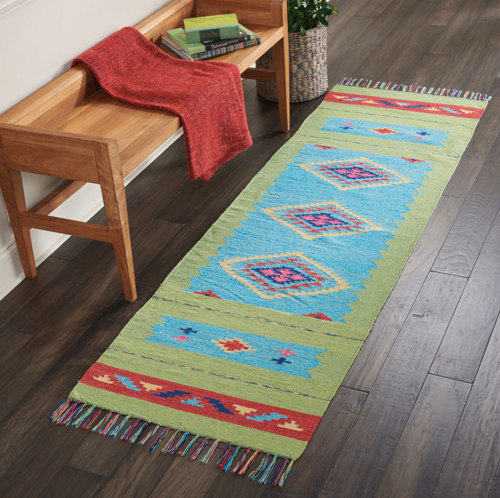 8' Runner Blue and Green Southwestern Handmade Runner Rug With Fringe