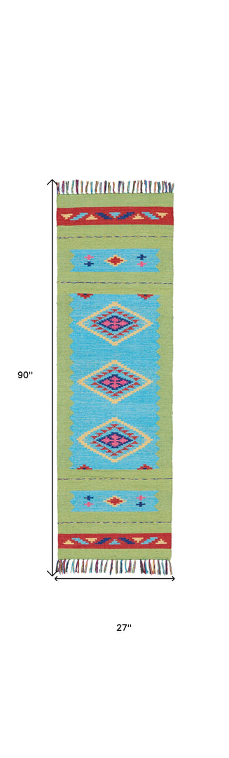 8' Runner Blue and Green Southwestern Handmade Runner Rug With Fringe