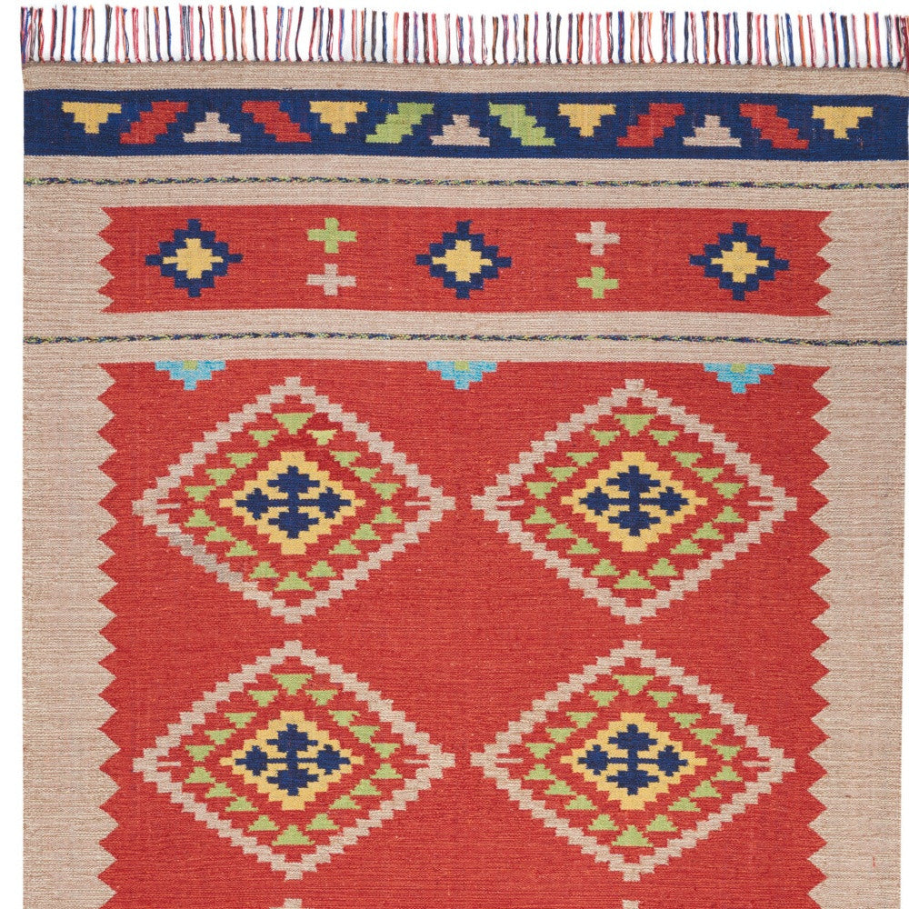 5' X 7' Beige and Red Southwestern Handmade Area Rug With Fringe