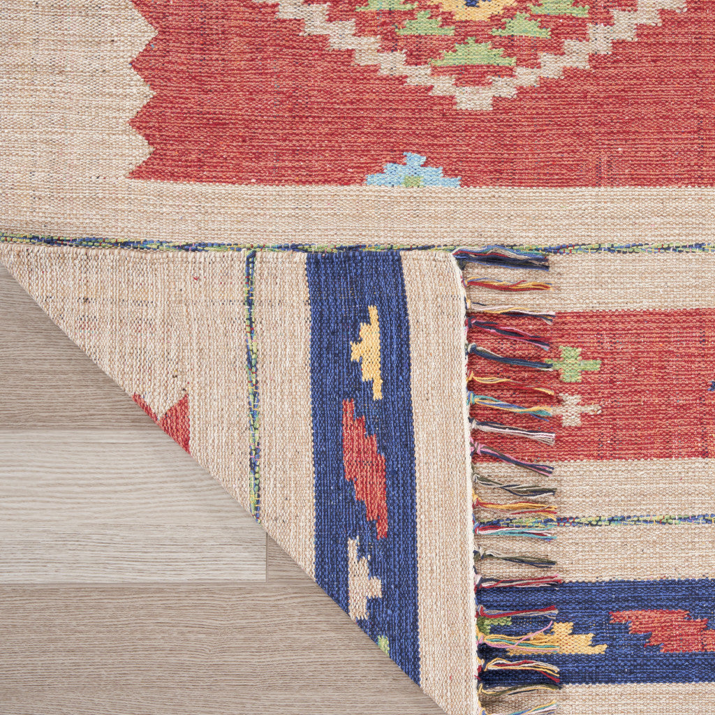 5' X 7' Beige and Red Southwestern Handmade Area Rug With Fringe