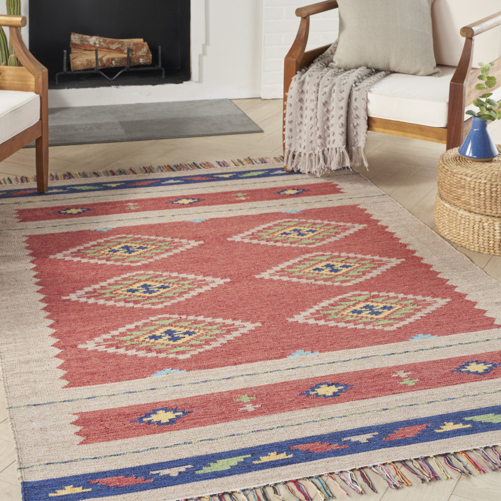 5' X 7' Beige and Red Southwestern Handmade Area Rug With Fringe