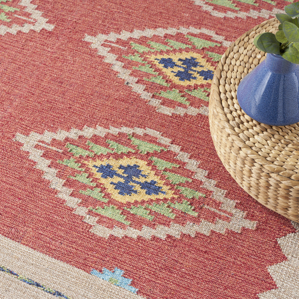 5' X 7' Beige and Red Southwestern Handmade Area Rug With Fringe