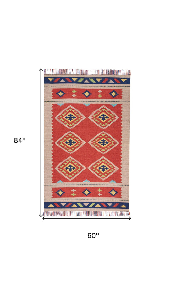 5' X 7' Beige and Red Southwestern Handmade Area Rug With Fringe