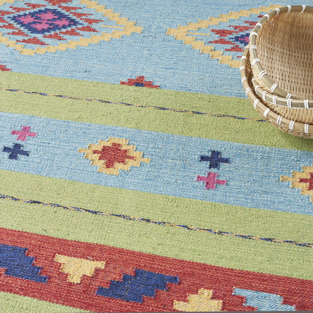 4' X 6' Blue and Green Southwestern Handmade Area Rug With Fringe