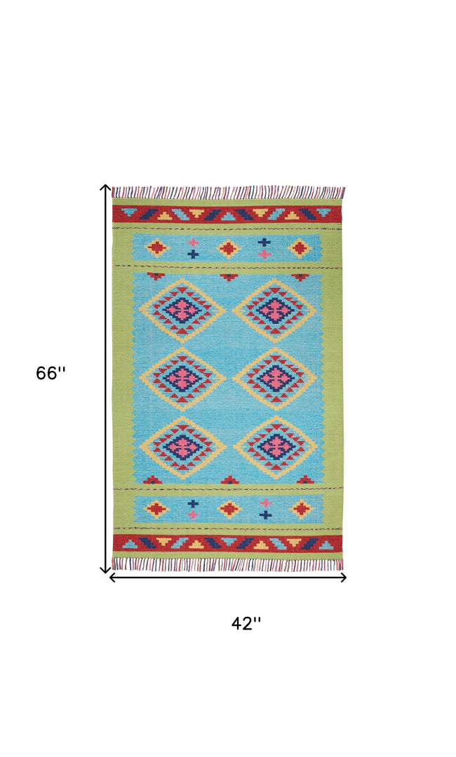 4' X 6' Blue and Green Southwestern Handmade Area Rug With Fringe