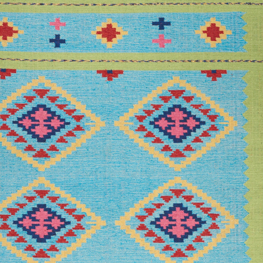 4' X 6' Blue and Green Southwestern Handmade Area Rug With Fringe