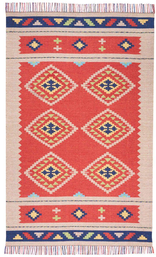 4' X 6' Beige and Red Southwestern Handmade Area Rug With Fringe