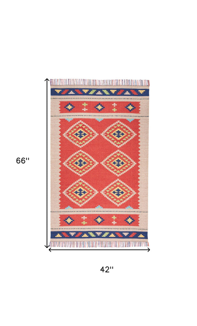 4' X 6' Beige and Red Southwestern Handmade Area Rug With Fringe