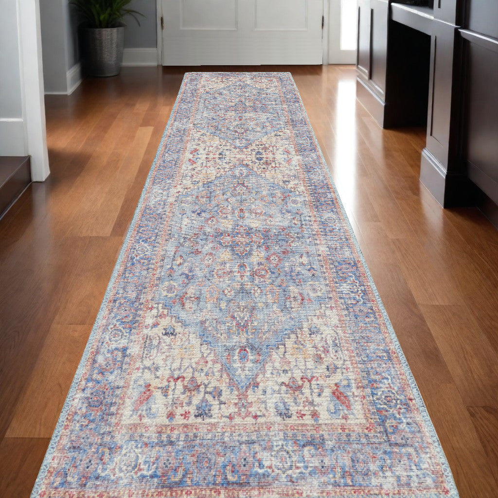 12' Runner Beige and Blue Floral Power Loom Distressed Runner Rug