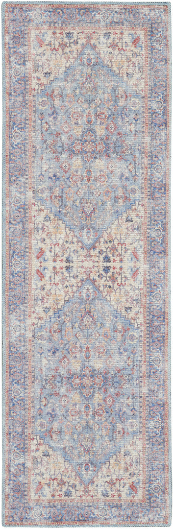 12' Runner Beige and Blue Floral Power Loom Distressed Runner Rug