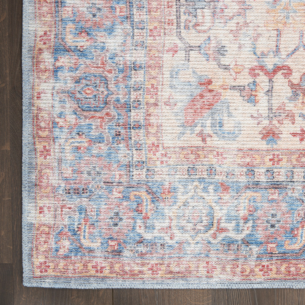 12' Runner Beige and Blue Floral Power Loom Distressed Runner Rug