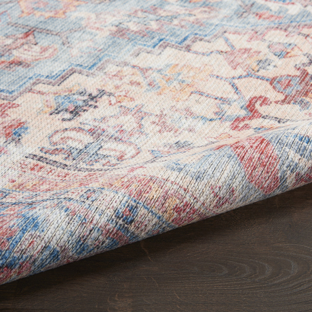 12' Runner Beige and Blue Floral Power Loom Distressed Runner Rug