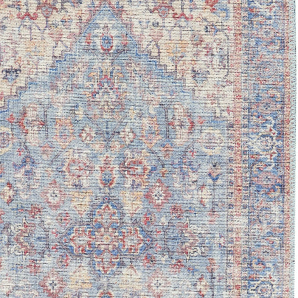 12' Runner Beige and Blue Floral Power Loom Distressed Runner Rug