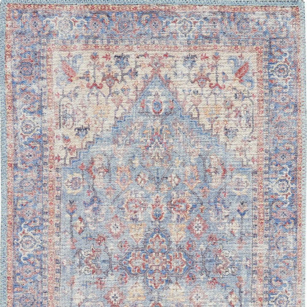 12' Runner Beige and Blue Floral Power Loom Distressed Runner Rug