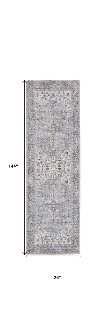 12' Runner Ivory and Black Floral Power Loom Distressed Runner Rug