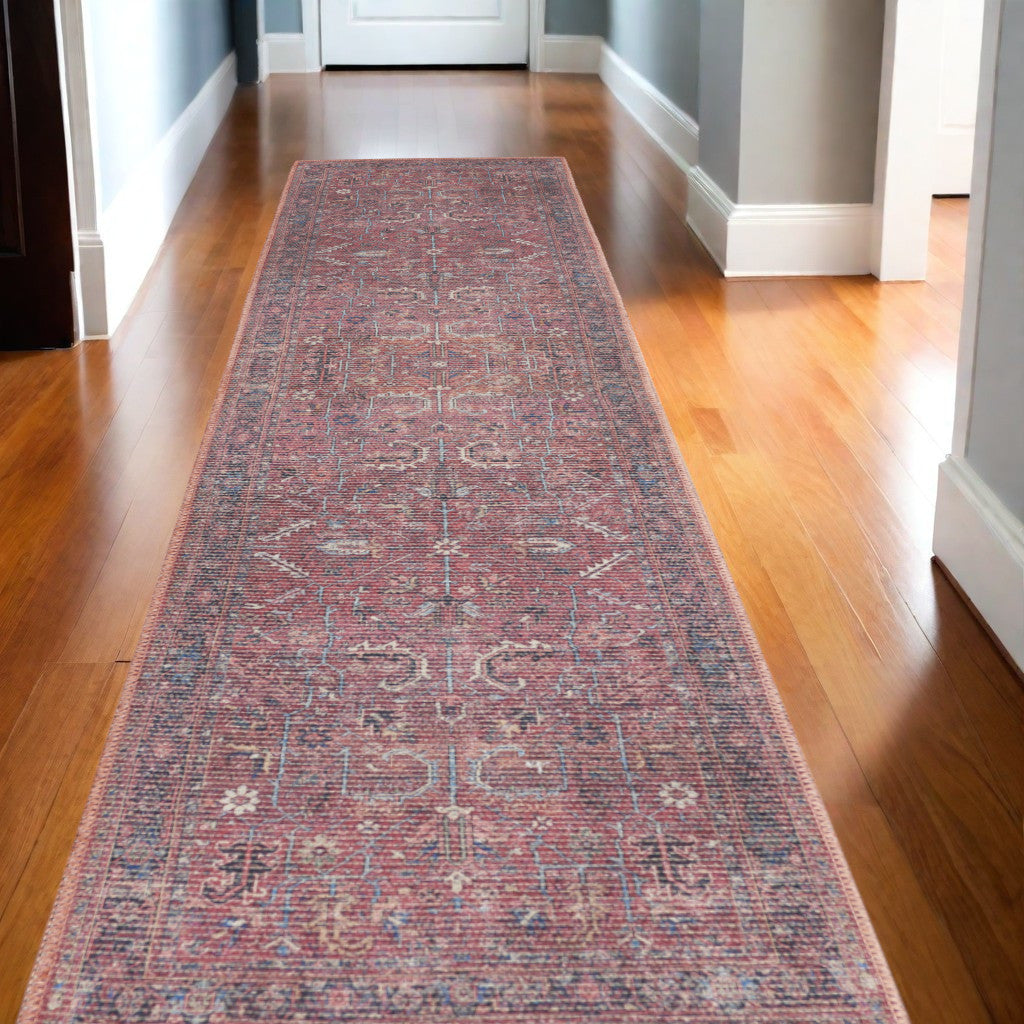 12' Runner Blue and Red Floral Power Loom Distressed Runner Rug