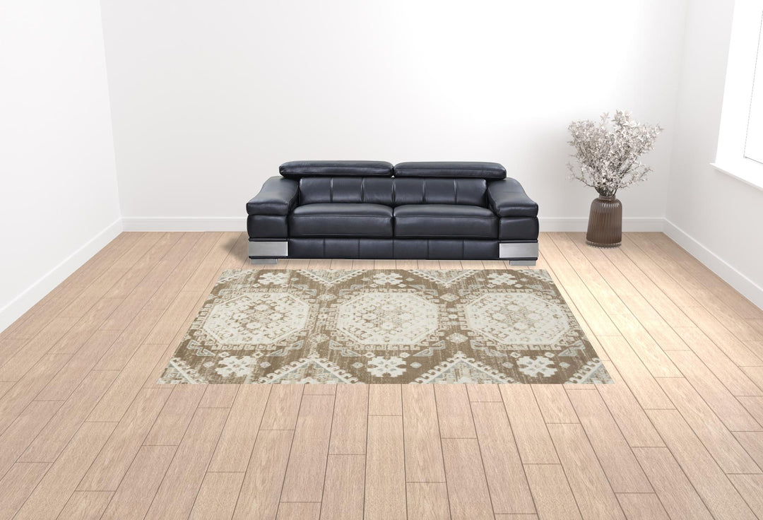 9' X 12' Brown Geometric Distressed Area Rug