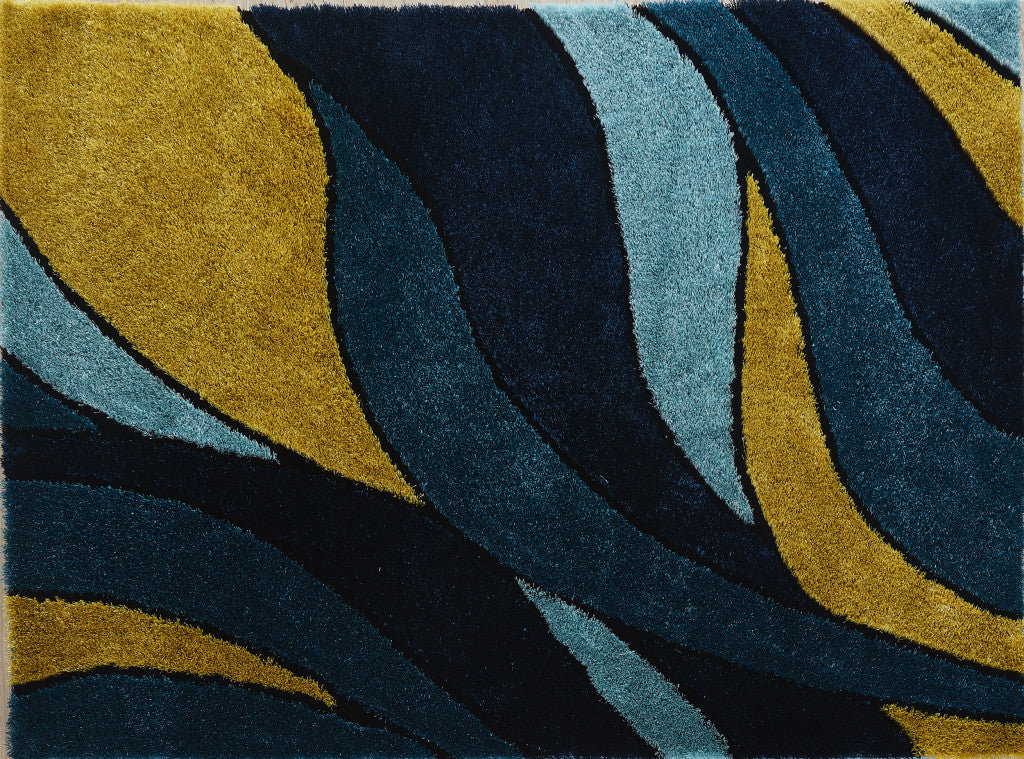 2' X 3' Blue and Yellow Shag Hand Tufted Area Rug