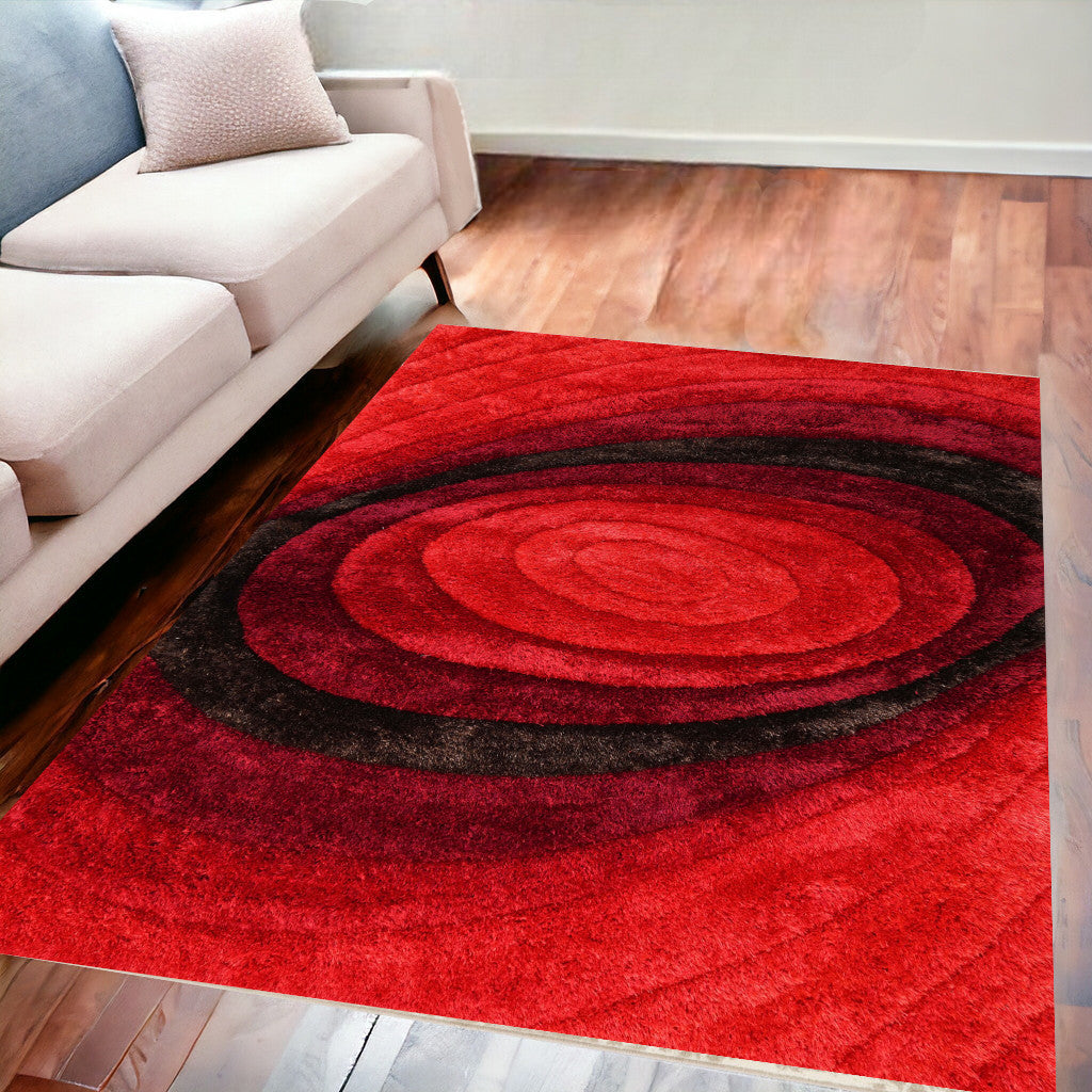 5' X 7' Red and Black Geometric Shag Hand Tufted Area Rug