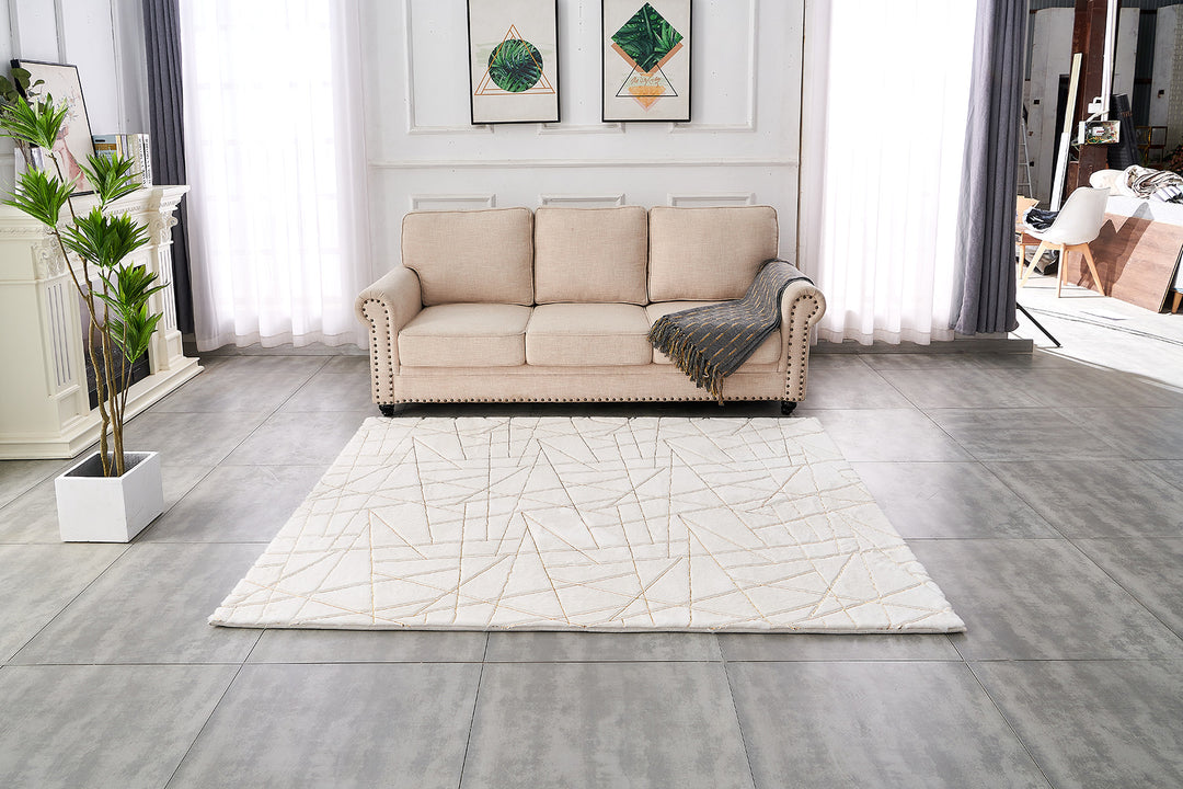 6' X 9' White and Gold Faux Sheepskin Abstract Geometric Machine Tufted Washable Non Skid Area Rug