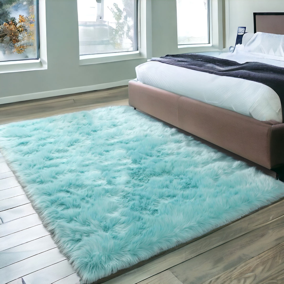 4' X 6' Turquoise Faux Sheepskin Shag Washable Area Rug