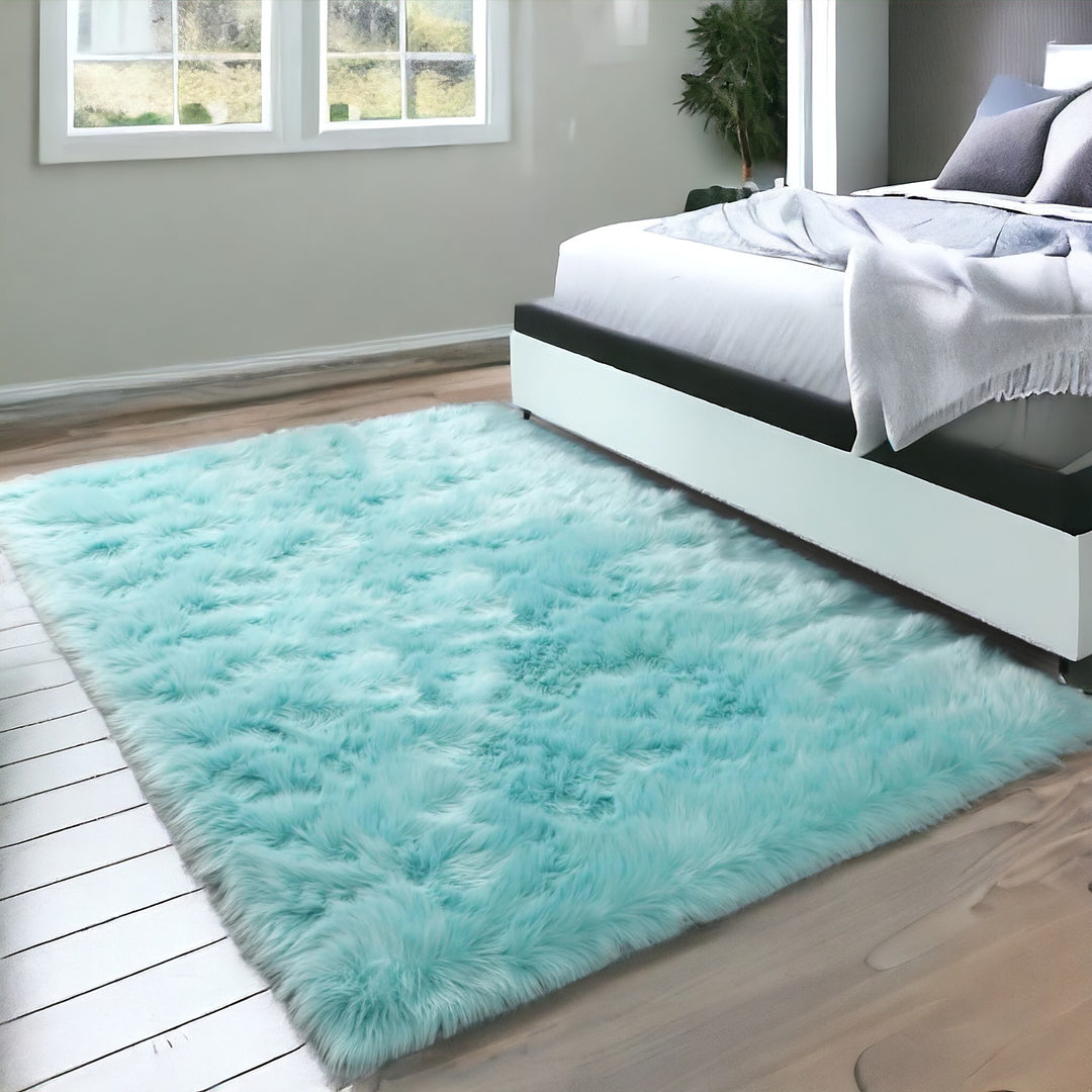 4' X 6' Turquoise Faux Sheepskin Shag Washable Area Rug