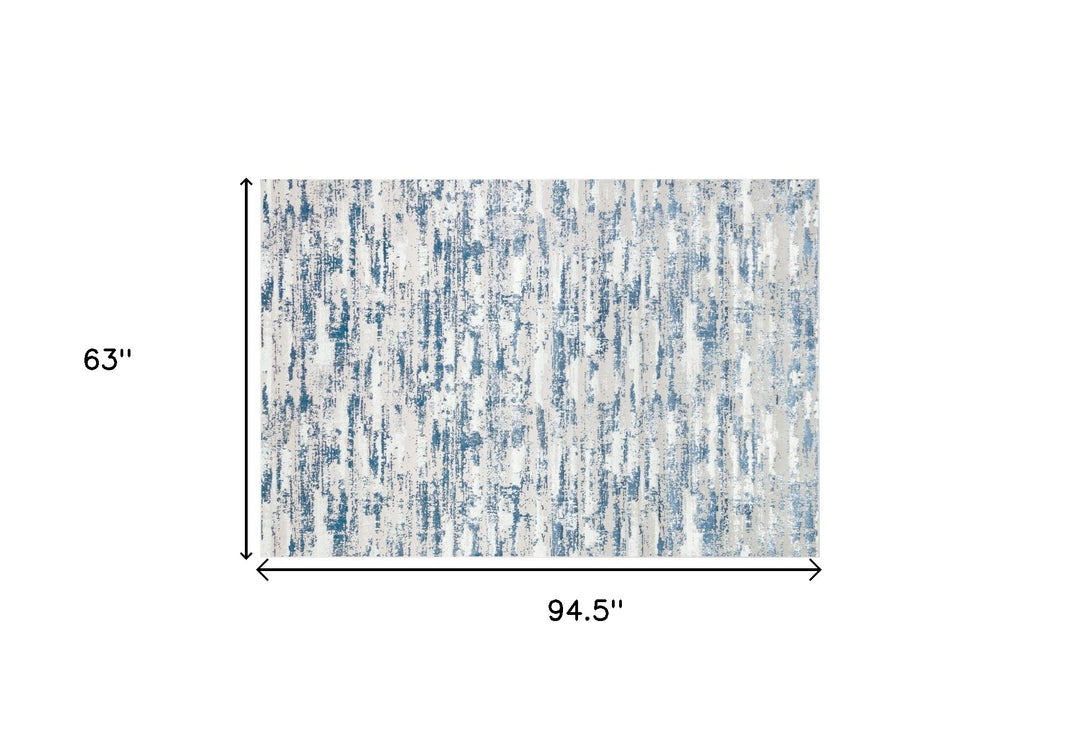 5' X 8' Blue and White Abstract Washable Non Skid Area Rug