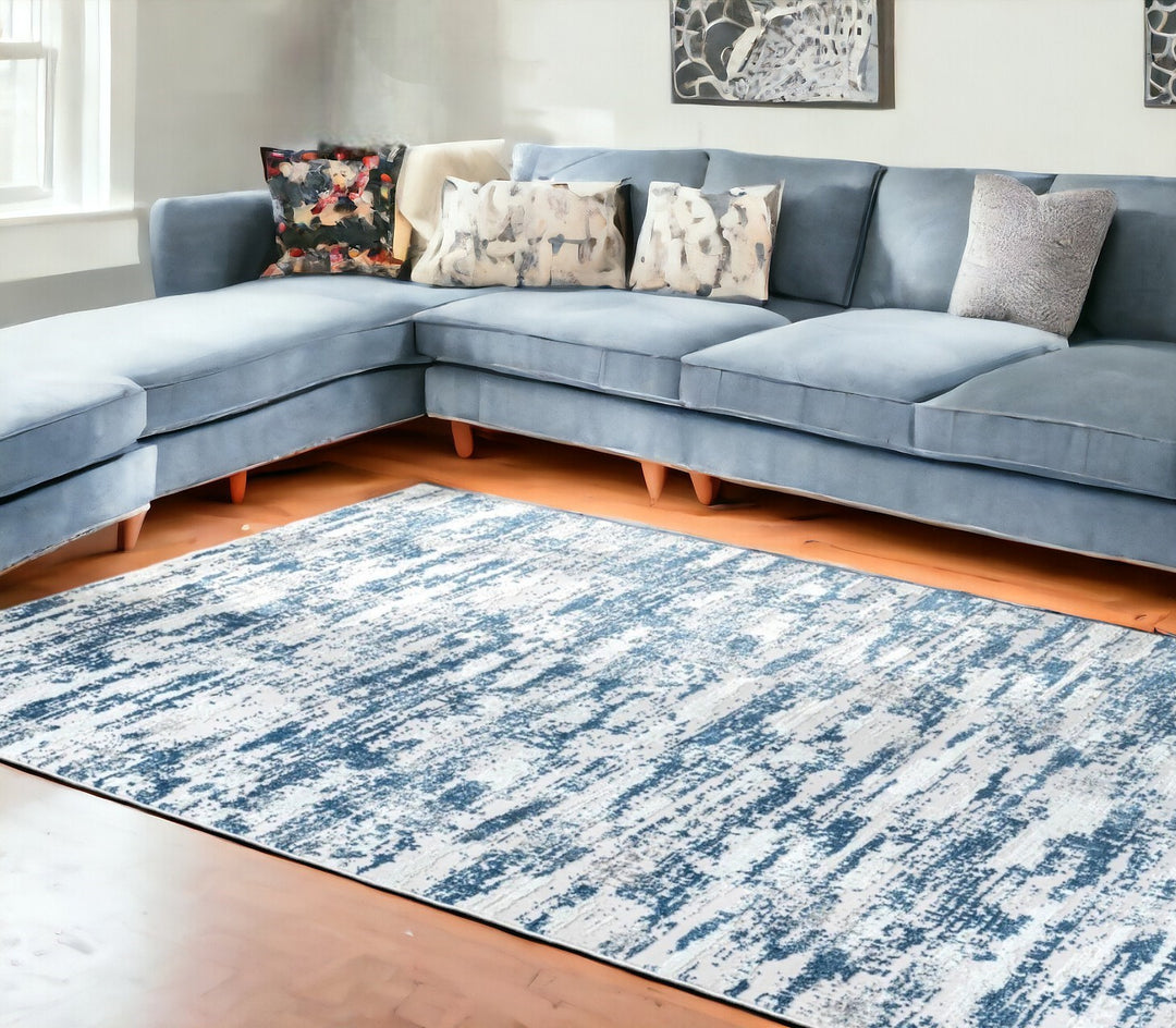 5' X 8' Blue and White Abstract Washable Non Skid Area Rug