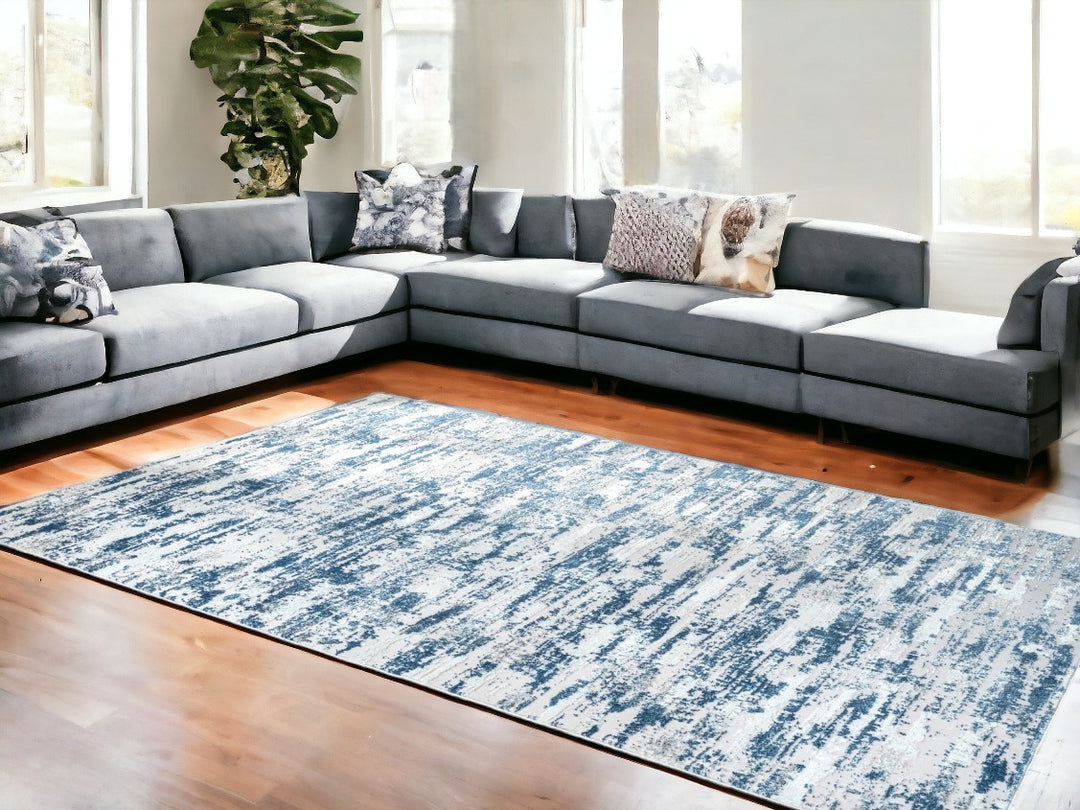 5' X 8' Blue and White Abstract Washable Non Skid Area Rug