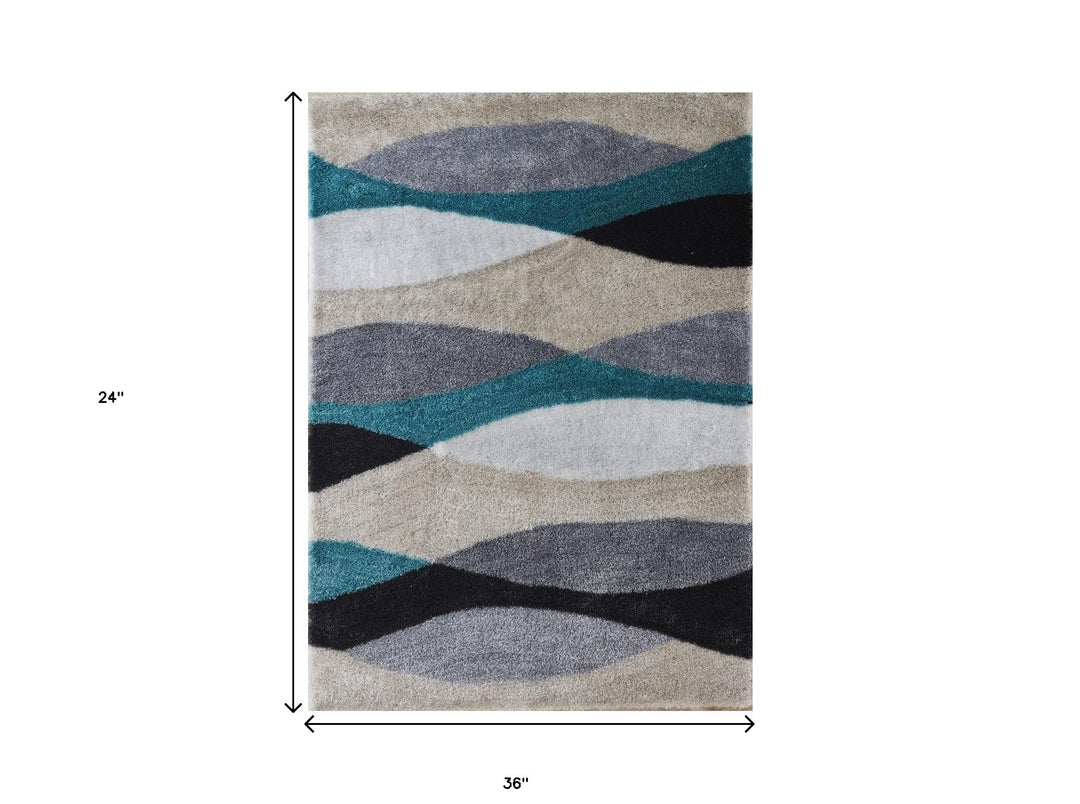 2' X 3' Gray Black and Blue Shag Hand Tufted Area Rug