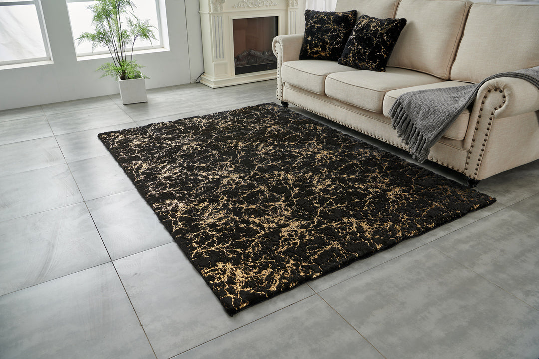 3' X 5' Black and Gold Faux Fur Abstract Shag Non Skid Area Rug