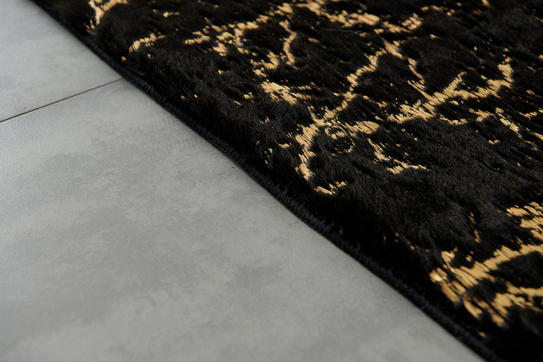 3' X 5' Black and Gold Faux Fur Abstract Shag Non Skid Area Rug