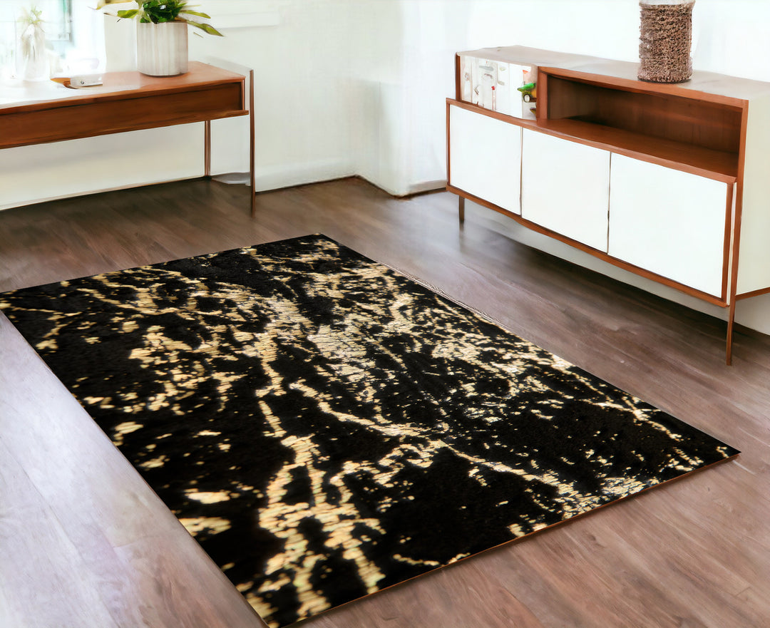 3' X 5' Black and Gold Faux Fur Abstract Shag Non Skid Area Rug