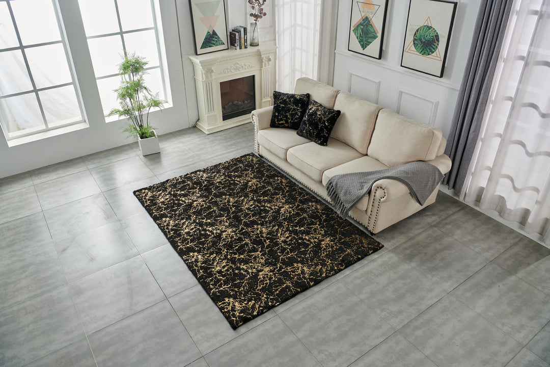 3' X 5' Black and Gold Faux Fur Abstract Shag Non Skid Area Rug