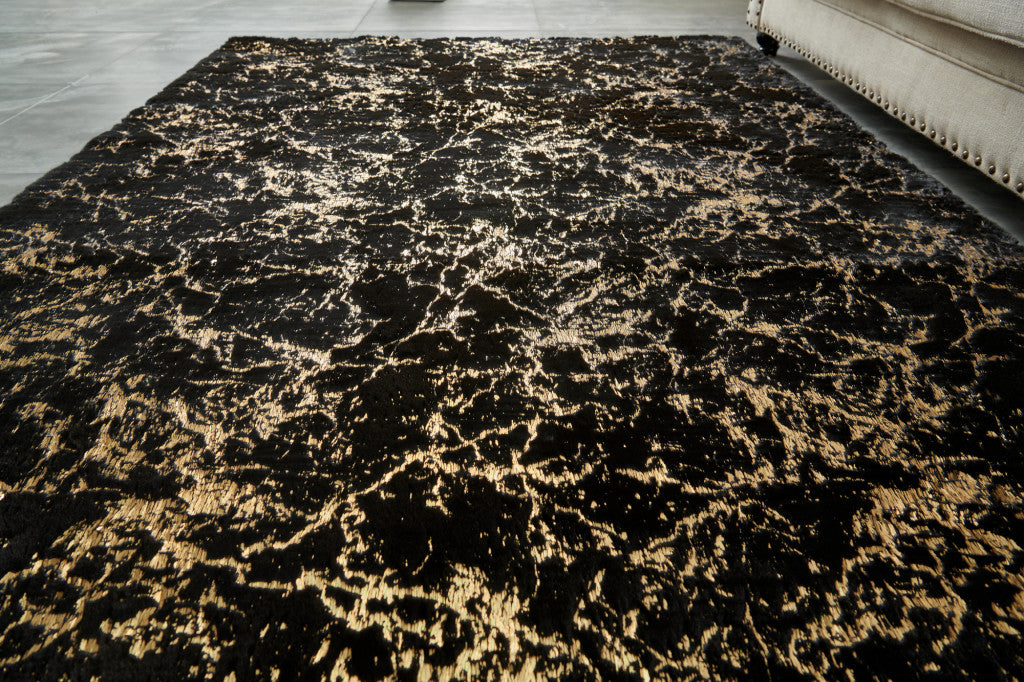 3' X 5' Black and Gold Faux Fur Abstract Shag Non Skid Area Rug