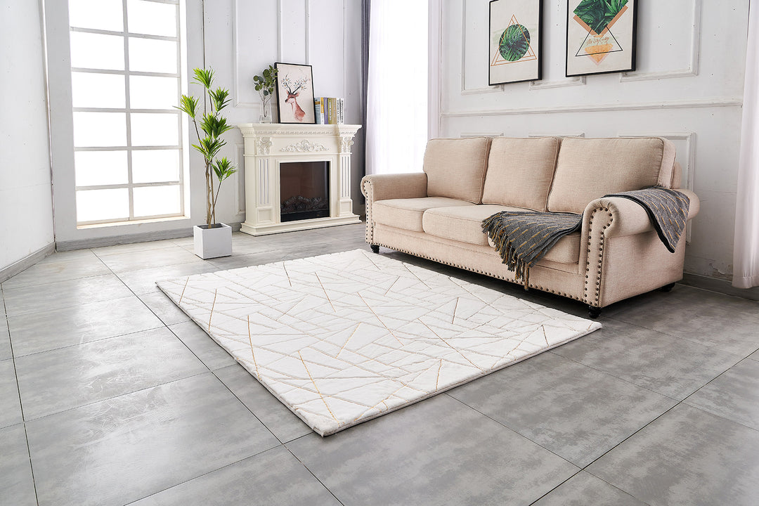 6' X 9' White and Gold Faux Sheepskin Abstract Geometric Machine Tufted Washable Non Skid Area Rug