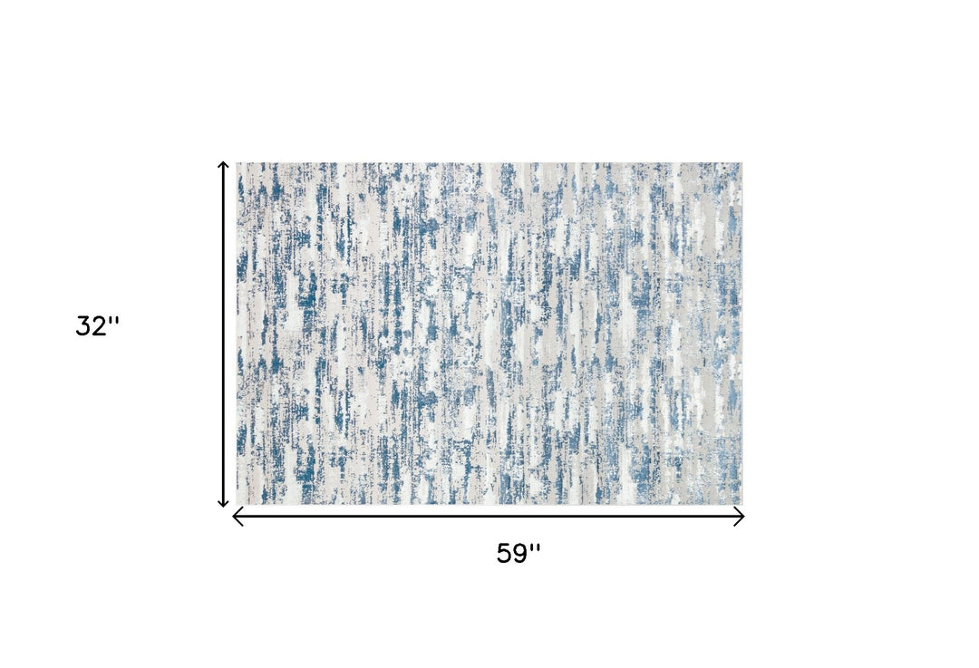 5' X 8' Blue and White Abstract Washable Non Skid Area Rug