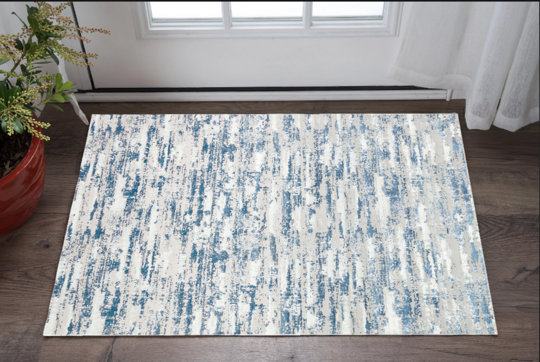 5' X 8' Blue and White Abstract Washable Non Skid Area Rug