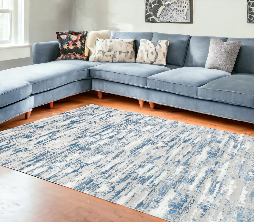 5' X 8' Blue and White Abstract Washable Non Skid Area Rug